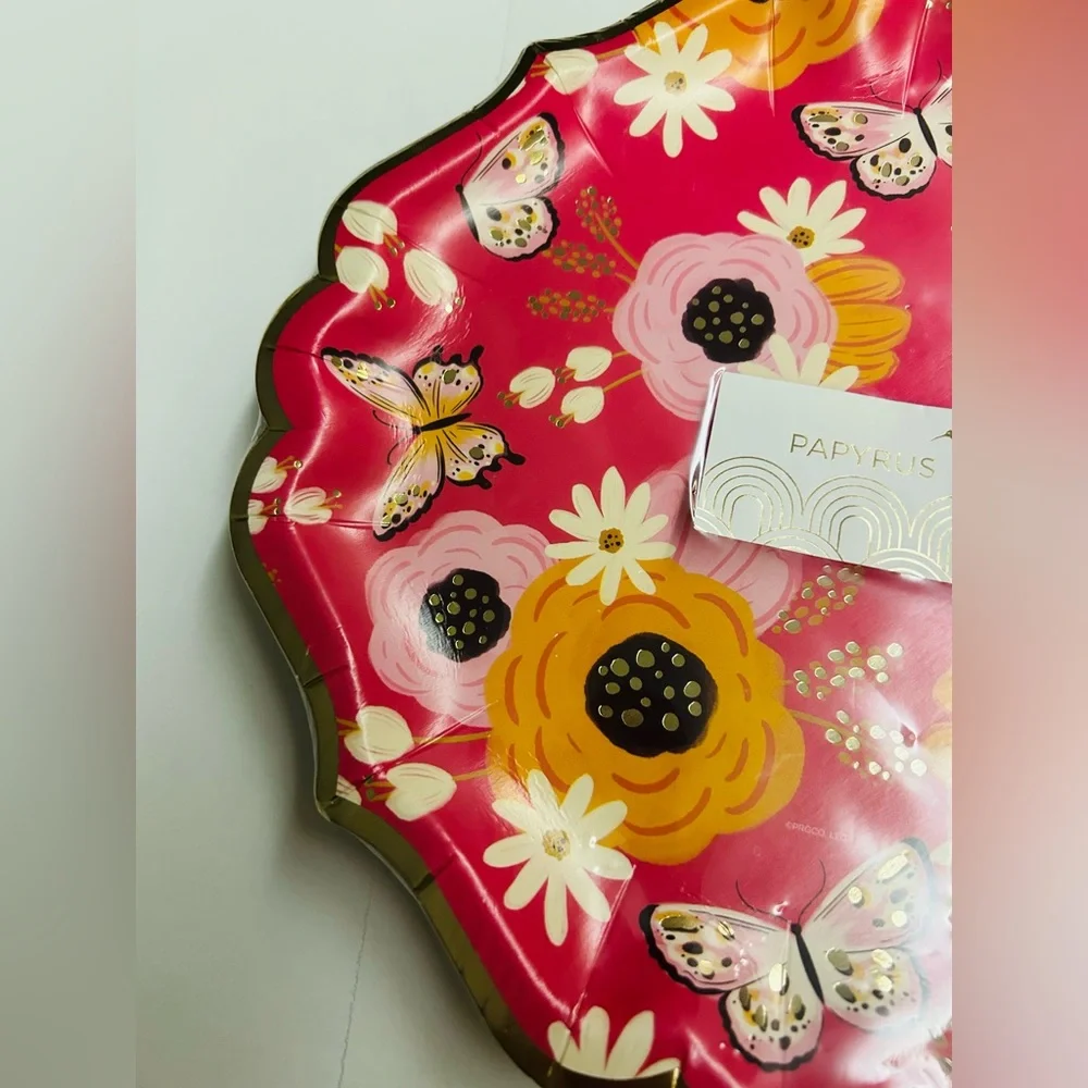 New 16 Papyrus Paper Plates Pink Floral Unusual Shape Gold Edges